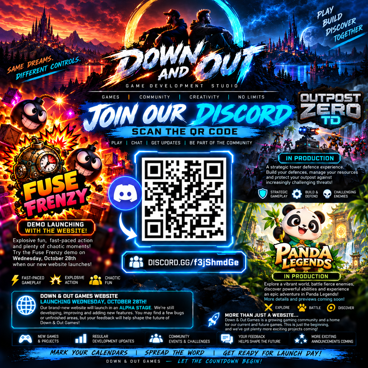 Down & Out Games launch announcement: join our Discord, Fuse Frenzy demo launching with the website on Wednesday October 28, plus Outpost Zero TD and Panda Legends in production.