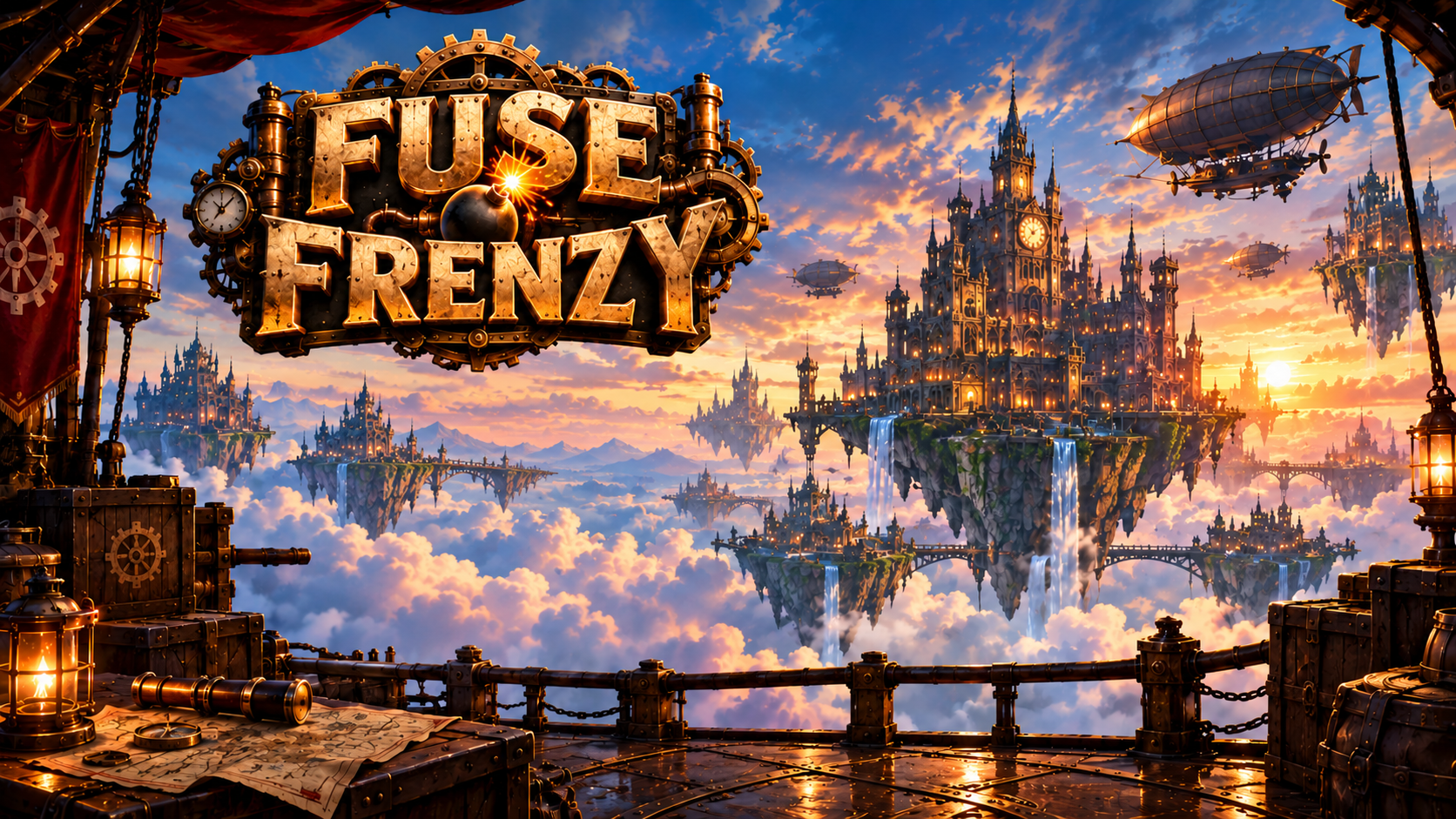 Fuse Frenzy title over a steampunk city