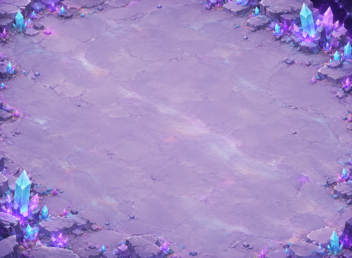 Crystal Rift arena background: violet terrain surrounded by glowing crystals