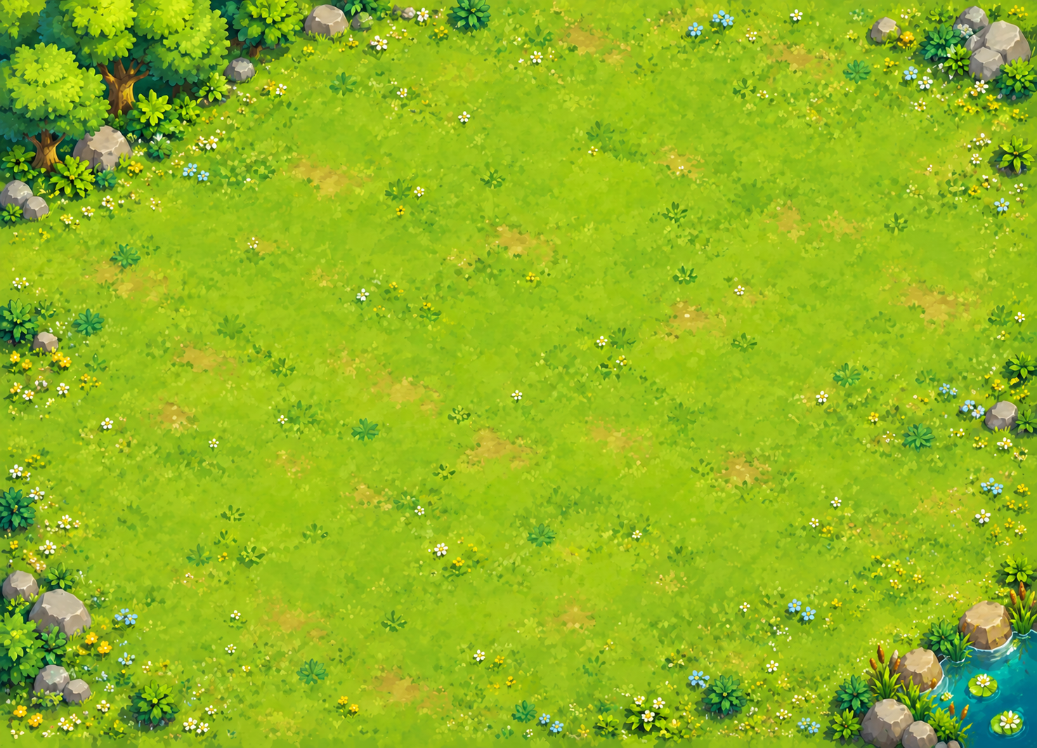Meadow Base arena background: grassy terrain and rocky borders