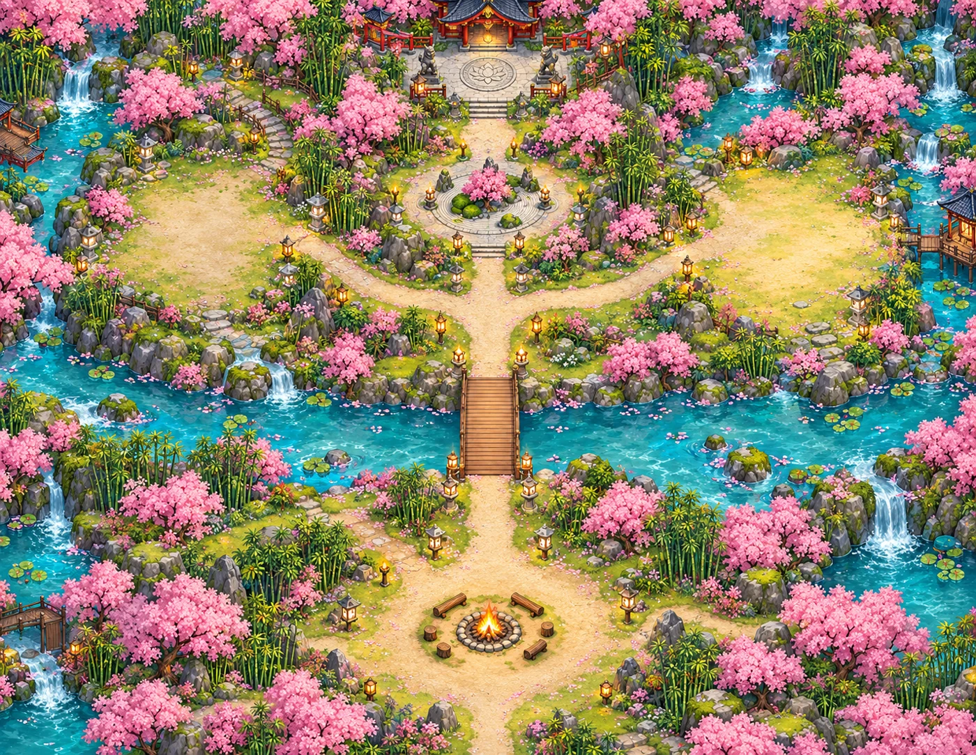 Blossom Grove concept map with cherry blossom trees, bamboo, water and shrine paths