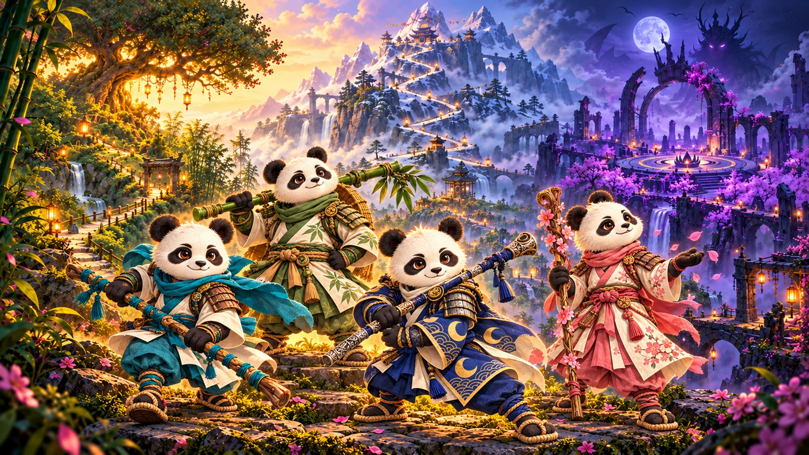 The four panda guardians in a lantern-lit Japanese-inspired fantasy world